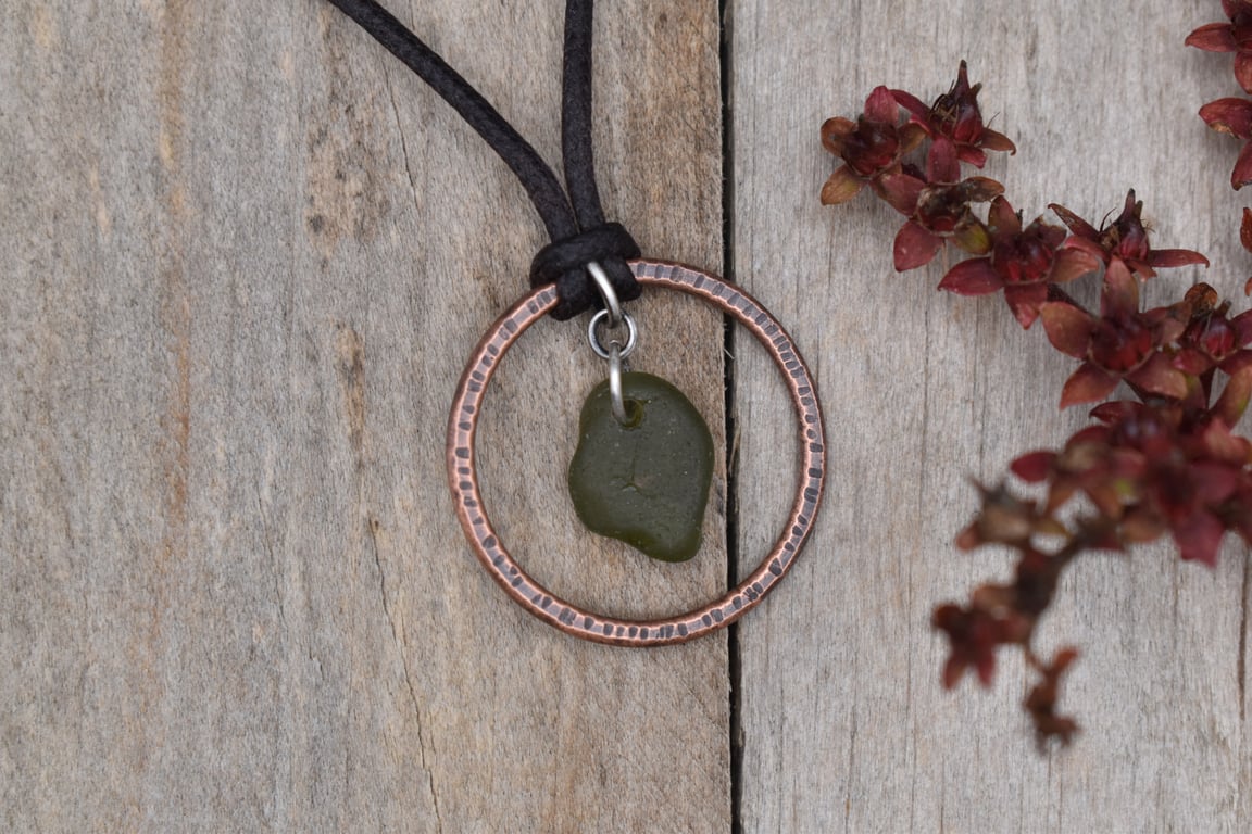 Olive Green Sea Glass and Copper Adjustable Waxed Cotton Cord Necklace