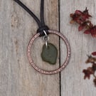 Olive Green Sea Glass and Copper Adjustable Waxed Cotton Cord Necklace