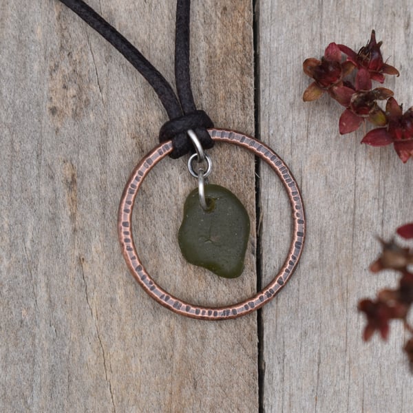 Olive Green Sea Glass and Copper Adjustable Waxed Cotton Cord Necklace