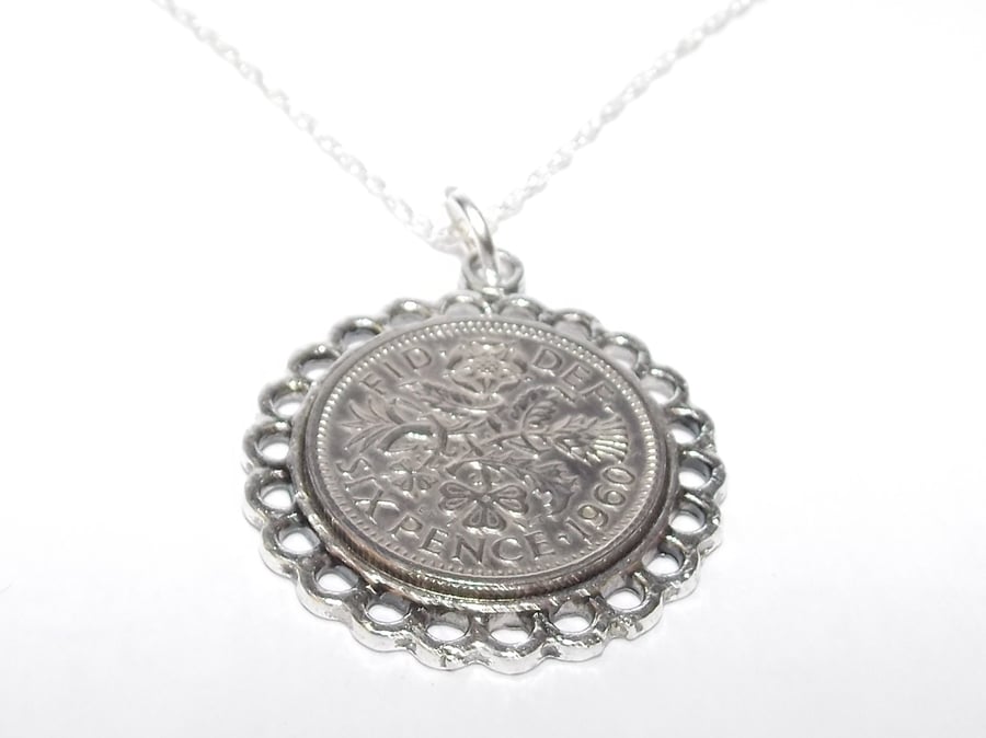 Fine Pendant 1960 Lucky sixpence 64th Birthday plus a Sterling Silver 24in Chain