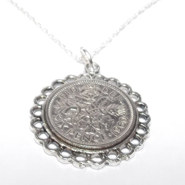 Fine Pendant 1960 Lucky sixpence 64th Birthday plus a Sterling Silver 24in Chain