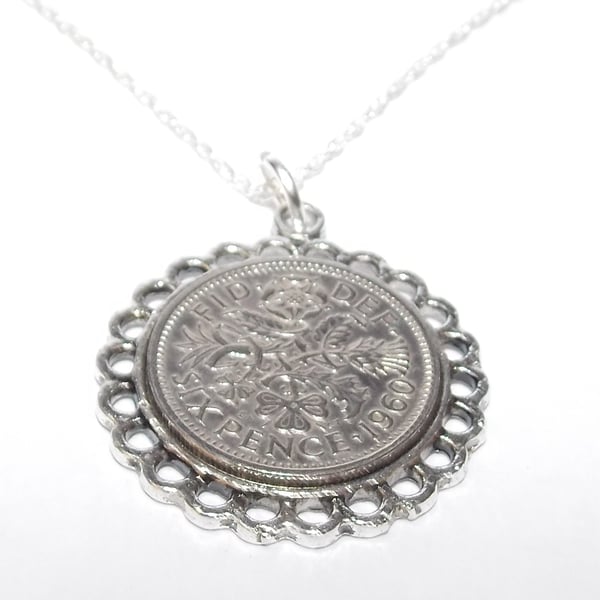 Fine Pendant 1960 Lucky sixpence 65th Birthday plus a Sterling Silver 24in Chain