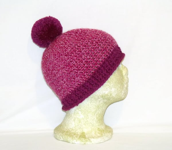 crocheted acrylic plum pom pom hat, ladies crochet winter beanie