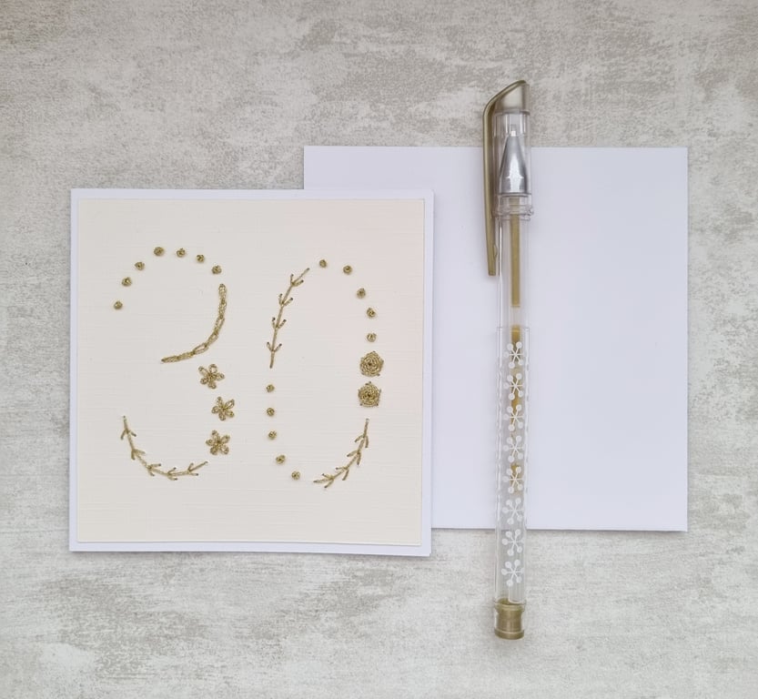30th Hand Embroidered Birthday Card