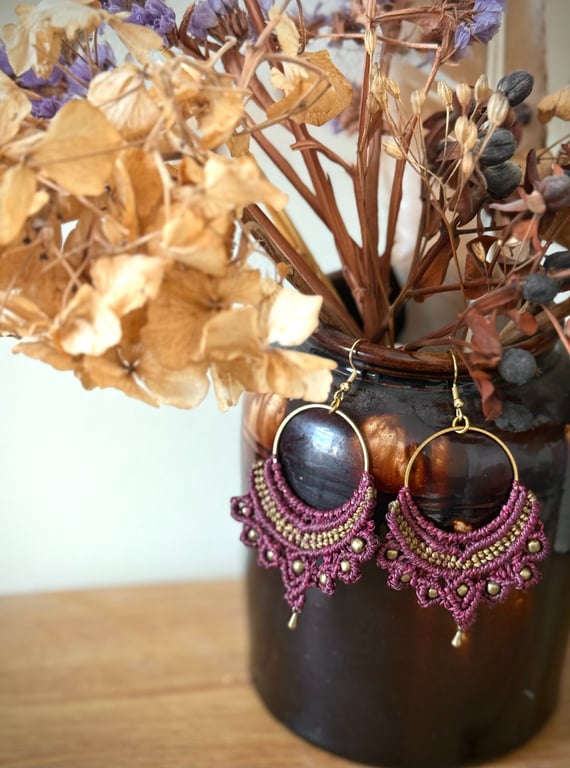 Bohemian macrame Hoop earrings inc Free UK delivery (purple and olive)