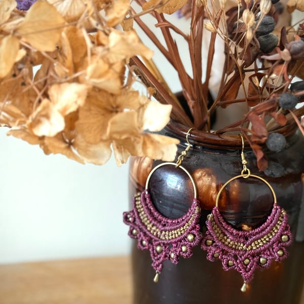 Bohemian macrame Hoop earrings inc Free UK delivery (purple and olive)