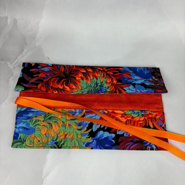 Floral brush roll, Flowers pencil wrap, Tool roll, Handmade