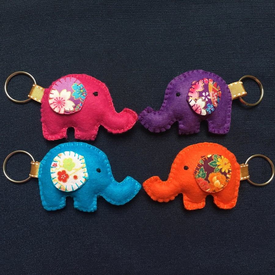 Orange Felt Elephant Keyring with Japanese fabric