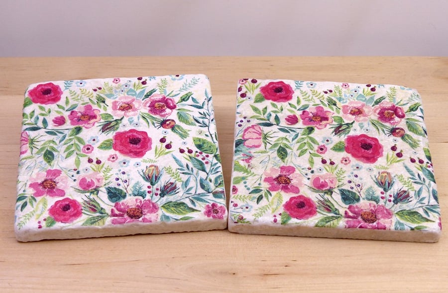 Marble 'Pink Floral' Coasters