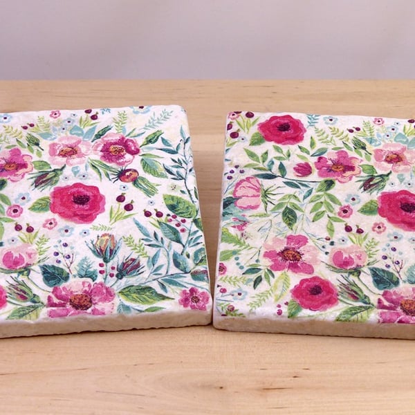 Marble 'Pink Floral' Coasters