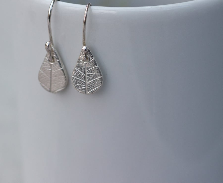Silver Teardrop Leaf Pattern Earrings, recycled silver leaf drop earrings, 