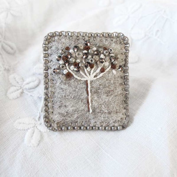 Felt Brooch, Hand Embroidered and Beaded Seedhead