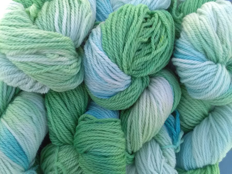 100g Hand-dyed 100% WOOL ARAN greens turquoise pale aqua