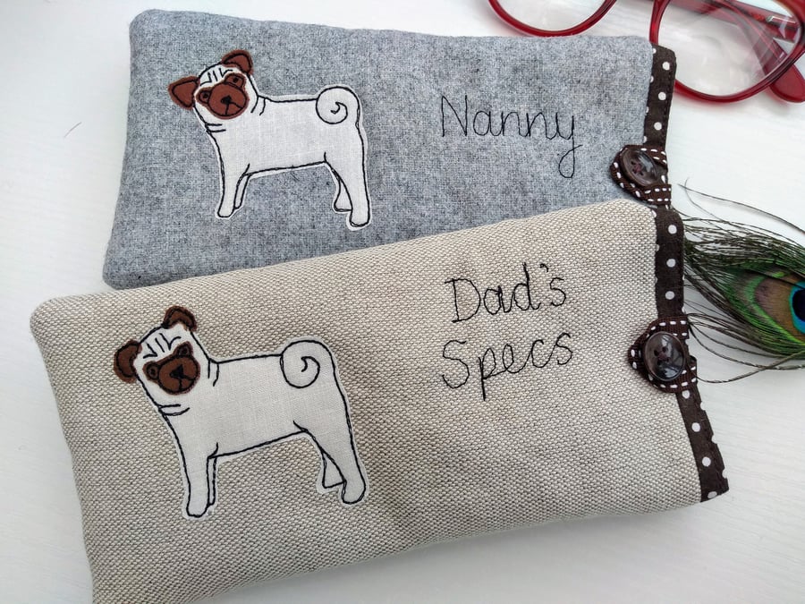 Personalised Pug Glasses Case - Dog Custom Spectacles or Sunglasses Case