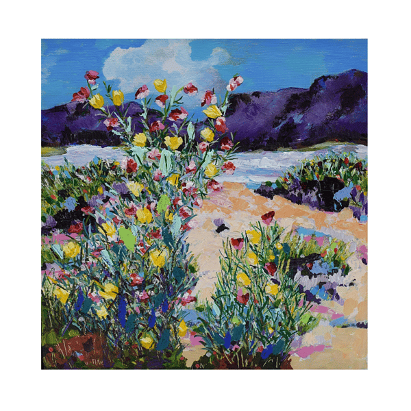 Framed coastal landscape - acrylic on canvas - wildflowers - Scotland
