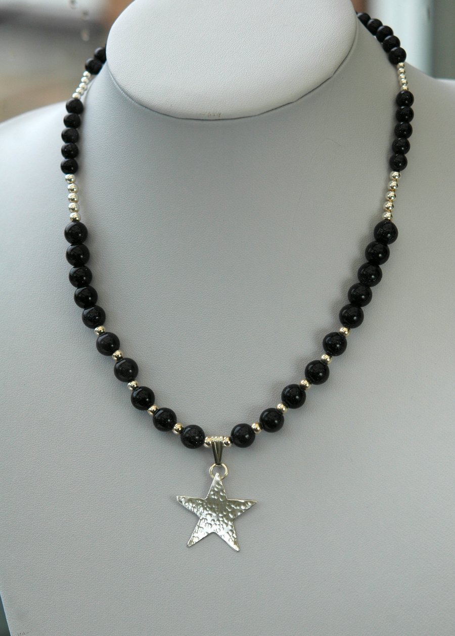 Sterling Silver and Blue Goldstone Necklace with Hammered Star Pendant