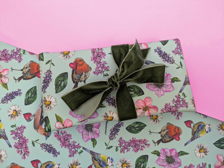 Luxury Hand Painted Floral bird gift wrap for special birthday