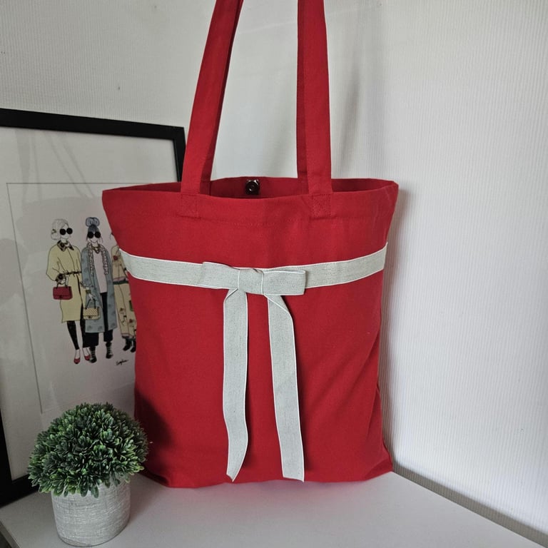 Organic Cotton Tote Bag: Strawberry Red with Linen Bow