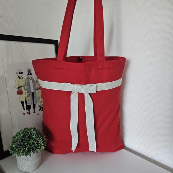 Organic Cotton Tote Bag: Strawberry Red with Linen Bow