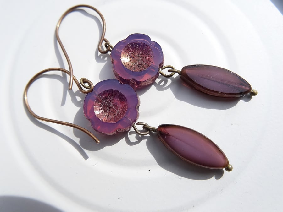 Czech Glass Earrings, Purple Earrings, Flower Earrings.