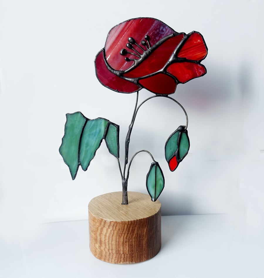 Stained Glass Art Poppy on solid Ash wood base.   Heirloom.  Housewarming. 