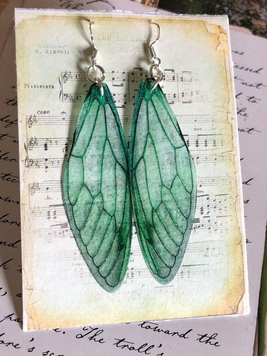 Large Green Fairy Wing Sterling Silver Earrings