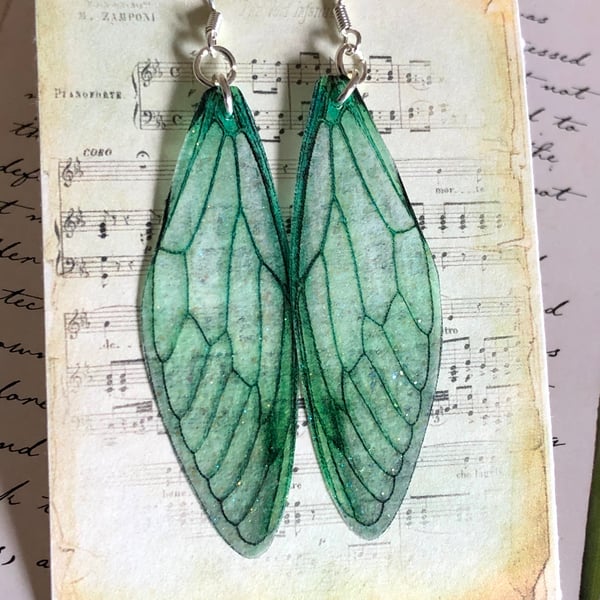 Large Green Fairy Wing Sterling Silver Earrings