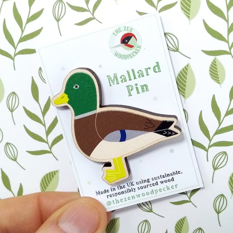 Mallard Duck Pin Badge, Wooden Bird Badge, Drake Brooch