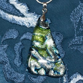 Silver, Blue & Green Pendant - Fused Dichroic Glass - 1155