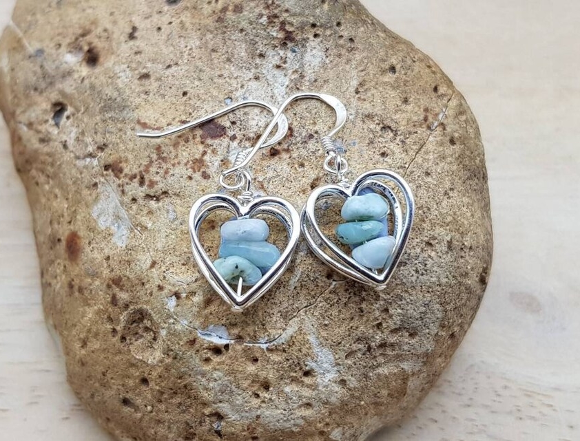 Larimar earrings. Sterling silver heart
