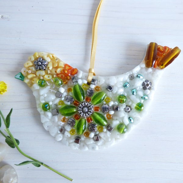 Jewels & Gems Stone Mosaic, Upcycled Jewellery Bird Decoration
