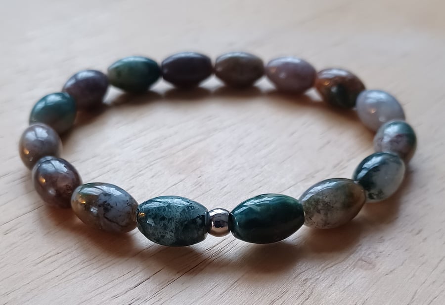 Indian Agate Stretch Bracelet with 11 x 8mm Oval Gemstone Beads