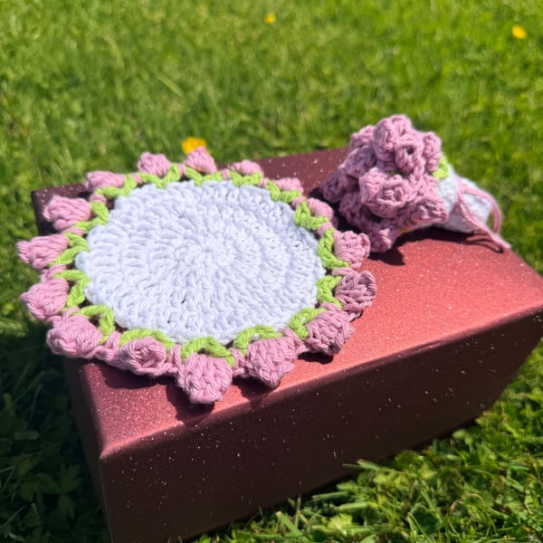 Handmade Floral Crochet Coaster Set - Cottage Flower Coasters - Cotton Mug Rug