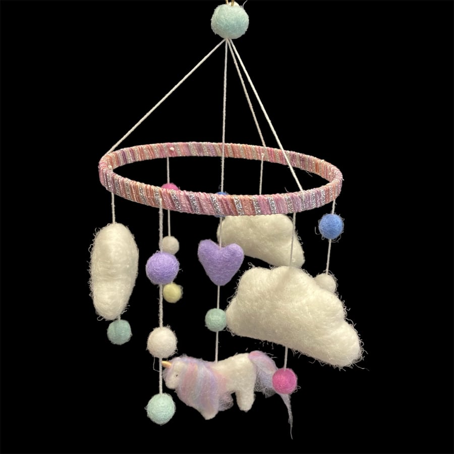 Needle felt Unicorn and clouds, hanging mobile, nursery decor, new baby gift