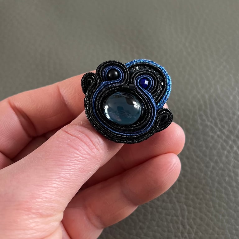 Black Soutache Ring with Vintage Swarovski Crystal - Handmade Elegant Jewellery