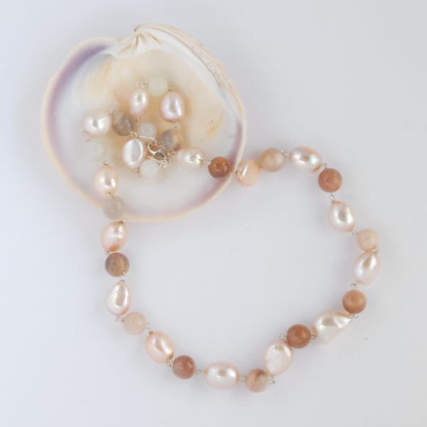 Chunky peach pearl and sunstone necklace
