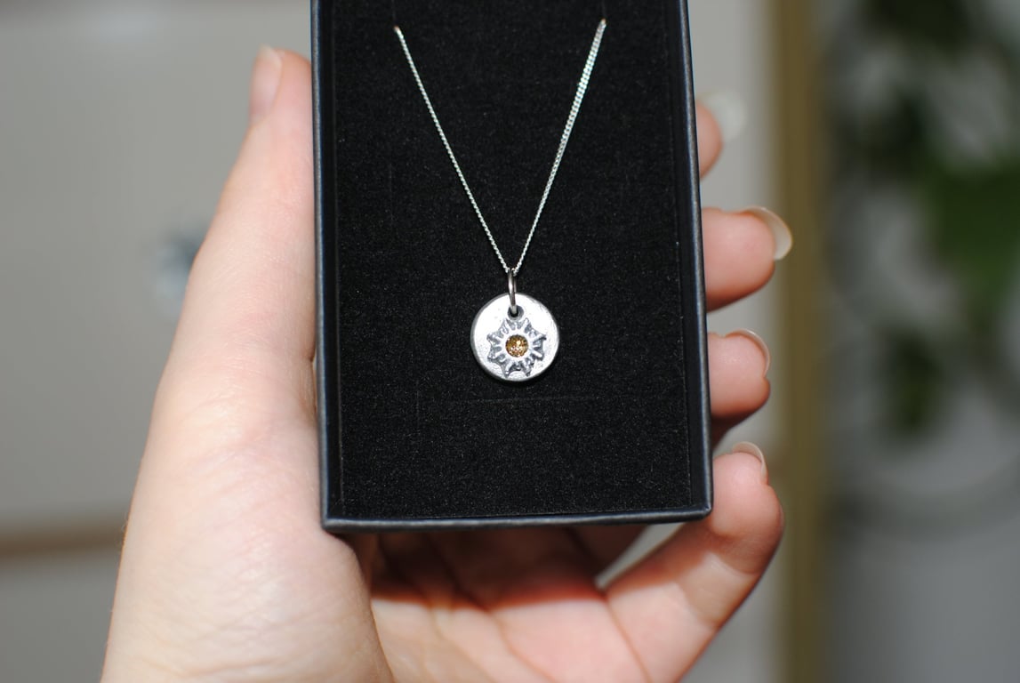 Solid sterling silver necklace chain Ceramic Sun Gold pendant handmade celestial