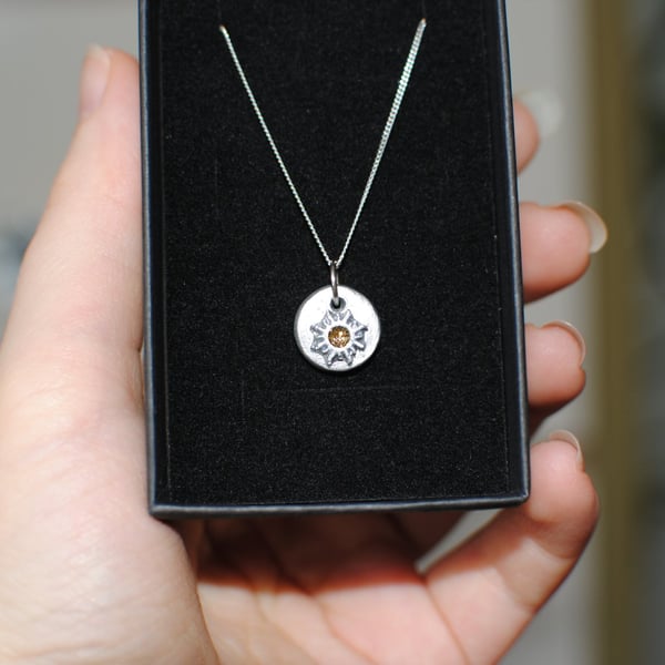 Solid sterling silver necklace chain Ceramic Sun Gold pendant handmade celestial