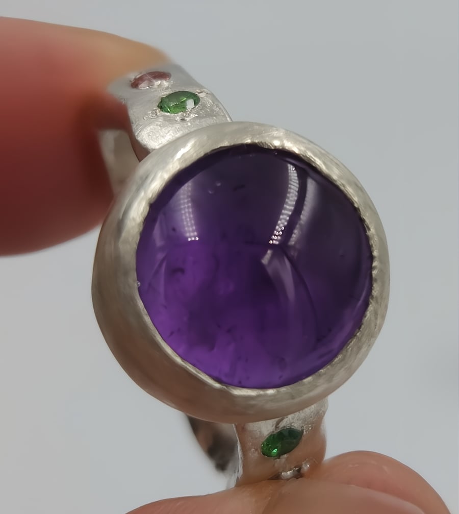 Mystic Majesty: Chunky Molten Silver Ring with Amethyst and CZ's