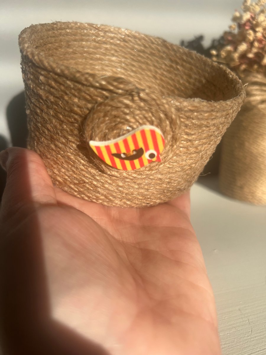 Three Set Rustic Twine Storage Pots UK Handmade Bird Detail Organiser