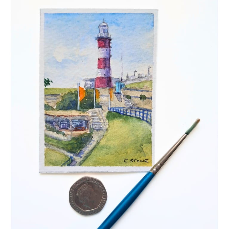 Original ACEO Miniature Watercolour Painting Smeatons Tower Lighthouse Plymouth