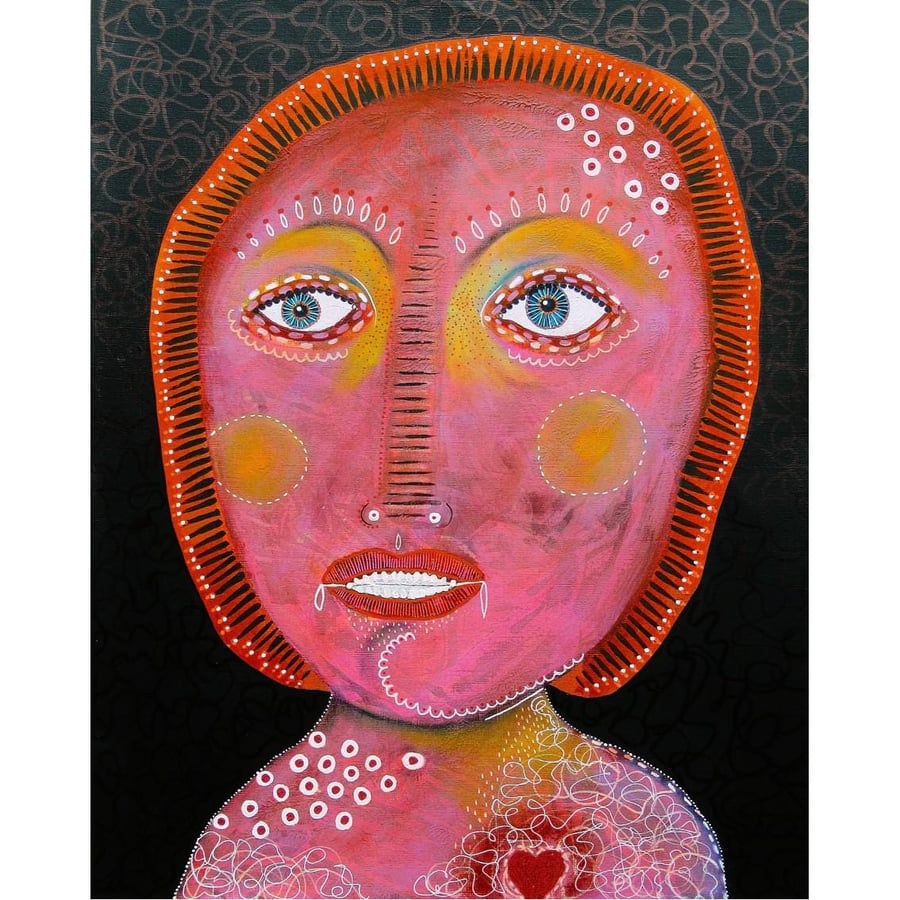Portrait Painting Large Naive Primitive Style Pink Face Expressionist Figure Art