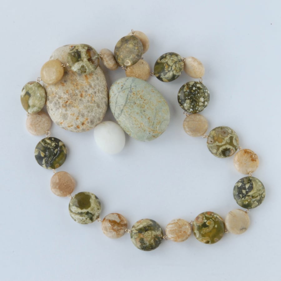 Green rainforest jasper and beige fossilised coral bead sterling silver necklace