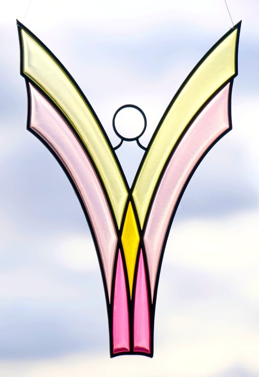 Angel suncatcher - hand made stained glass design in rose-pink resin.