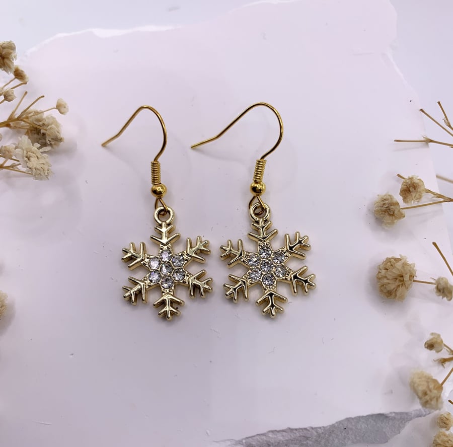 Gold Zirconia Snowflake Christmas Drop Earrings
