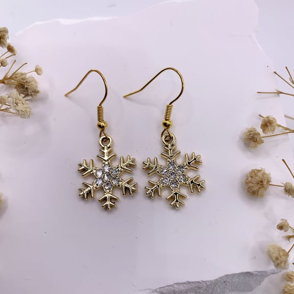 Gold Zirconia Snowflake Christmas Drop Earrings