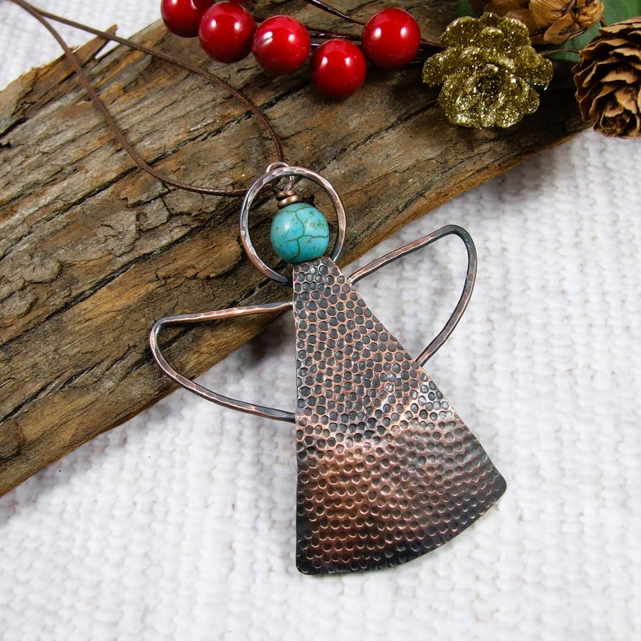 Angel Hanging Ornament. Copper with Turquoise Howlite Gemstone