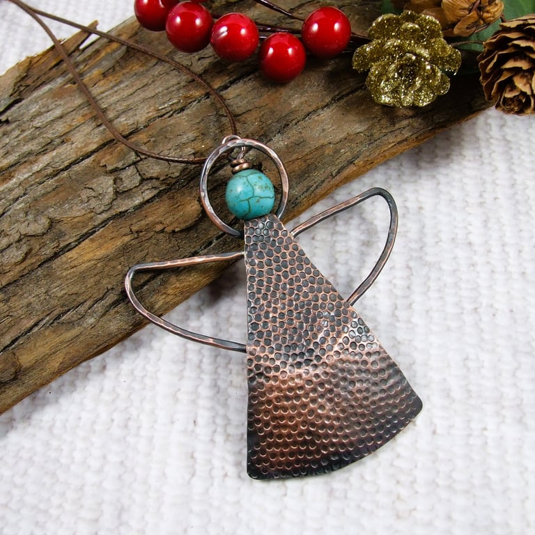 Angel Hanging Ornament. Copper with Turquoise Howlite Gemstone