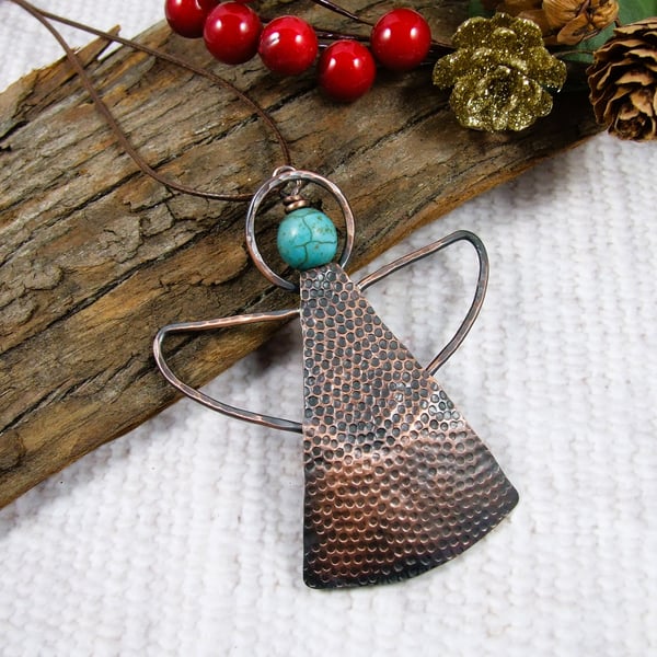 Angel Hanging Ornament. Copper with Turquoise Howlite Gemstone