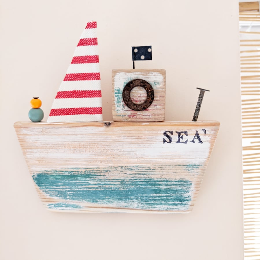 Large Rustic Wooden Boat Hanging 'SEA'